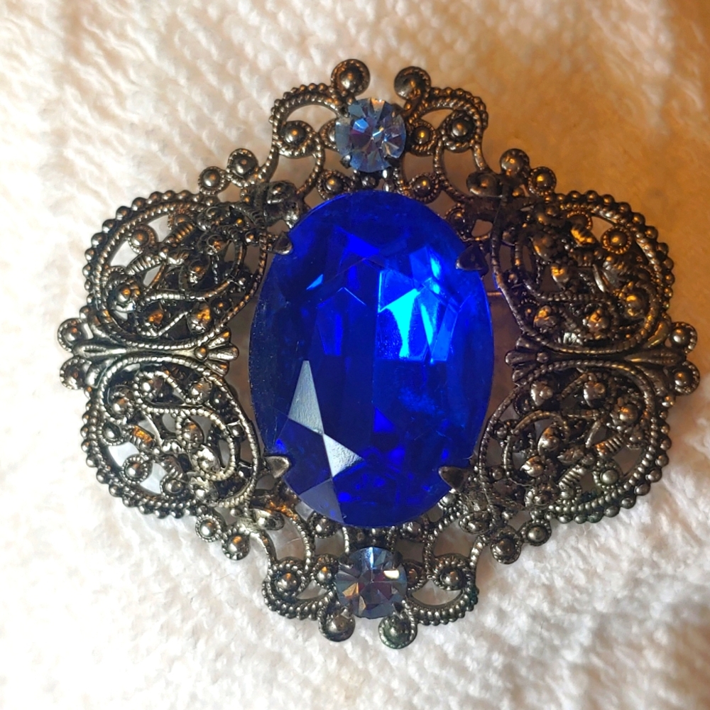 Bavarian Vintage Brass and Blue Crystals Pin Brooch